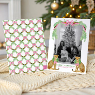Watercolor Preppy Leopard Garland Christmas Holiday Card