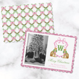 Watercolor Preppy Leopard Monogram Crest Photo Holiday Card