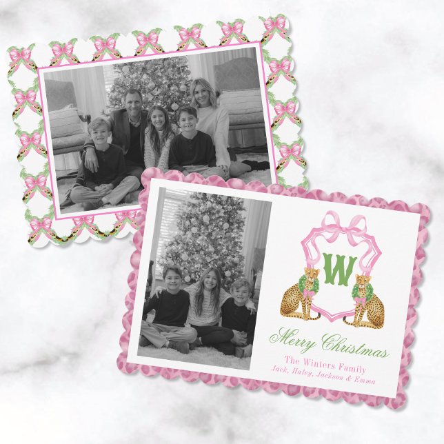 Watercolor Preppy Leopard Monogram Crest Photo Holiday Card (Creator Uploaded)