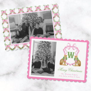 Watercolor Preppy Leopard Monogram Crest Photo Holiday Card