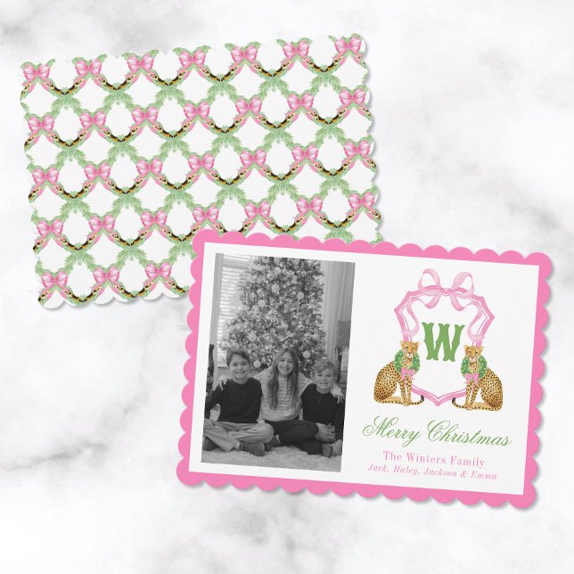 Watercolor Preppy Leopard Monogram Crest Photo Holiday Card (Creator Uploaded)