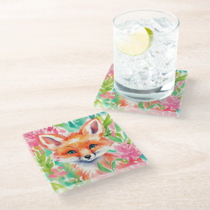 Watercolor Preppy Palm Beach Fox in Flowers Glass Coaster
