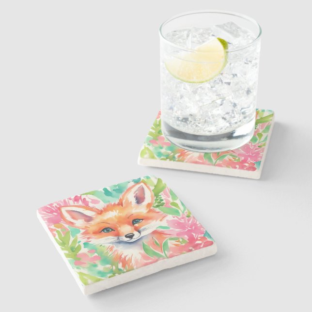 Watercolor Preppy Palm Beach Fox in Flowers Stone Coaster (Side)