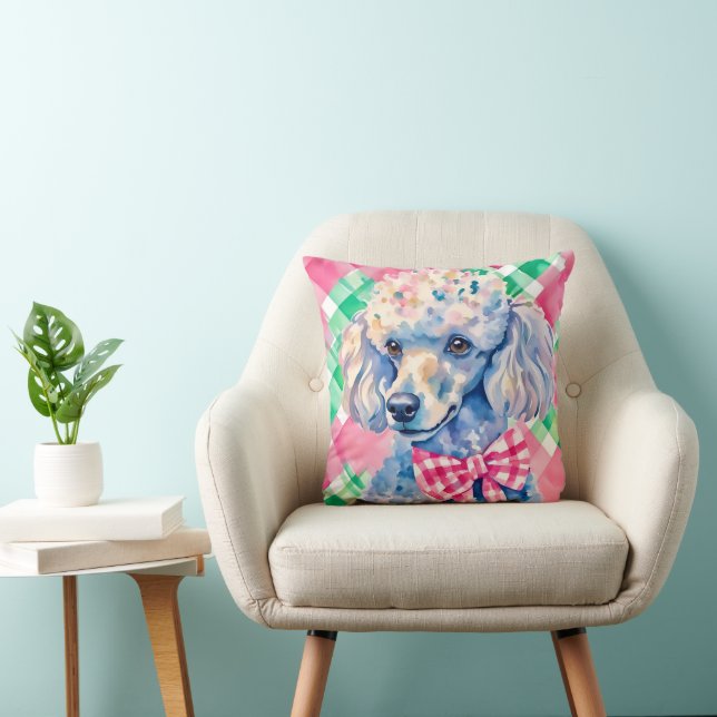 Watercolor Preppy Palm Beach Gingham Poodle Dog Cushion (Chair)