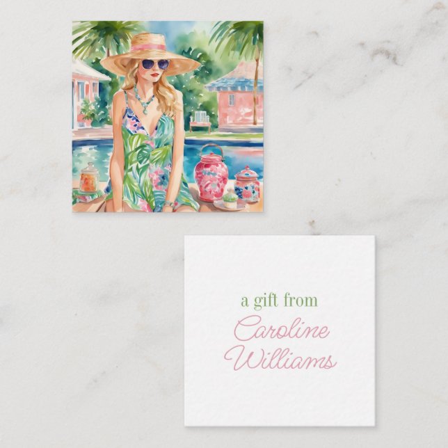 Watercolor Preppy Palm Beach Girl at the Pool Card (Front/Back)