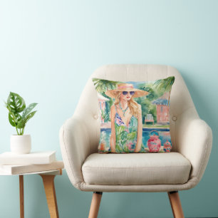 Watercolor Preppy Palm Beach Girl at the Pool Cushion