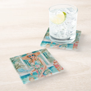 Watercolor Preppy Palm Beach Girl at the Pool Glass Coaster