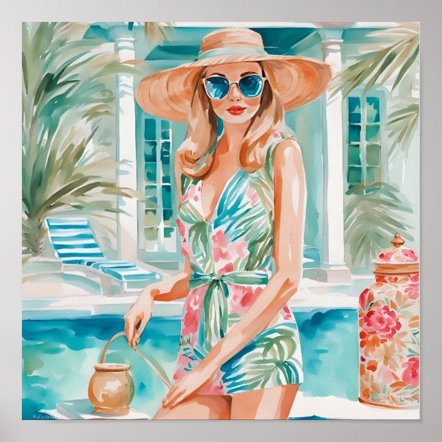 Watercolor Preppy Palm Beach Girl at the Pool Poster (Front)