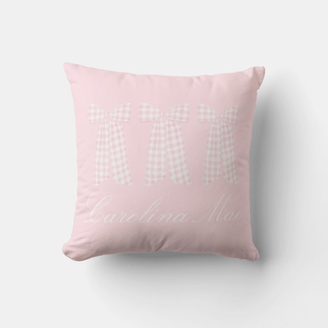 Watercolor Preppy Pink Gingham Bow  Cushion (Front)