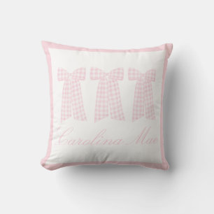 Watercolor Preppy Pink Gingham Bow Cushion