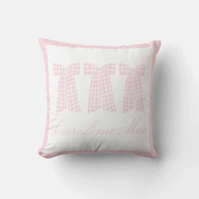 Watercolor Preppy Pink Gingham Bow  Cushion (Front)