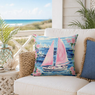 Watercolor Preppy Pink Sailboat Coastal Blue Cushion