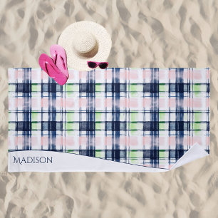 Watercolor Preppy Plaid Blue Pink Custom Name  Beach Towel