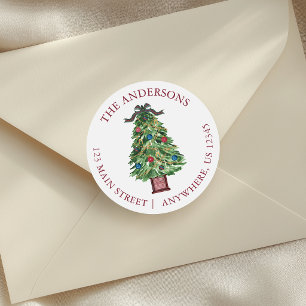 Watercolor Preppy Plaid Bow Christmas Tree Address Classic Round Sticker