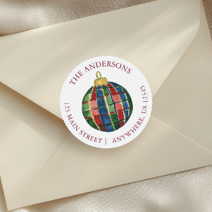 Watercolor Preppy Plaid Christmas Ornament Address Classic Round Sticker