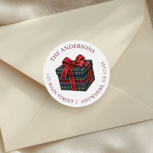 Watercolor Preppy Plaid Christmas Present Address Classic Round Sticker