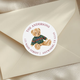Watercolor Preppy Plaid Sweater Bear Address Classic Round Sticker