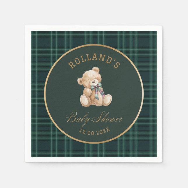  Watercolor preppy plaid teddy bear baby shower Napkin (Front)