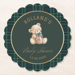 Watercolor preppy plaid teddy bear baby shower Paper Coaster