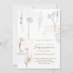 watercolor pressed flowers First Holy Communion Invitation