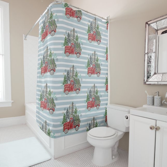 Watercolor Pretty Christmas Truck Stripes Tree Shower Curtain (In Situ)