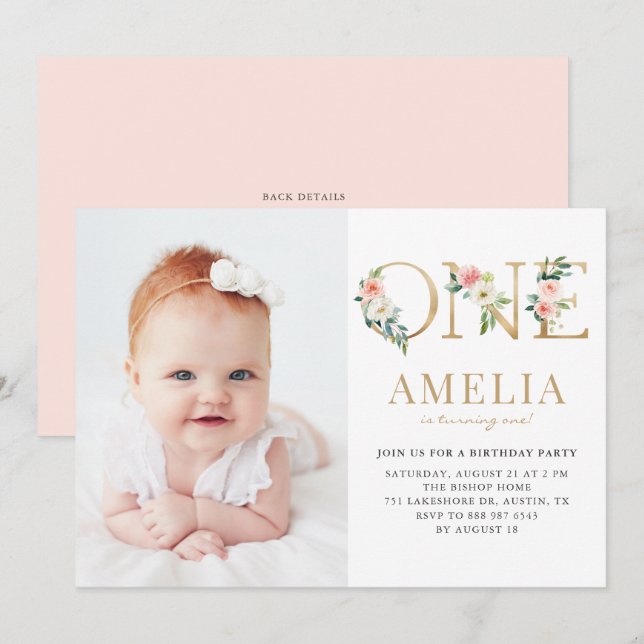 Watercolor Pretty Floral Gold First Birthday Photo Invitation (Front/Back)