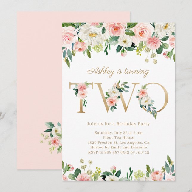 Watercolor Pretty Floral Gold Girl Second Birthday Invitation (Front/Back)
