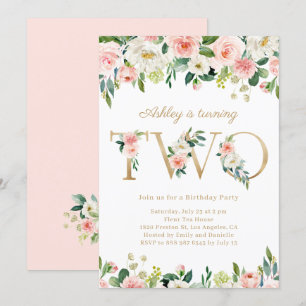 Watercolor Pretty Floral Gold Girl Second Birthday Invitation