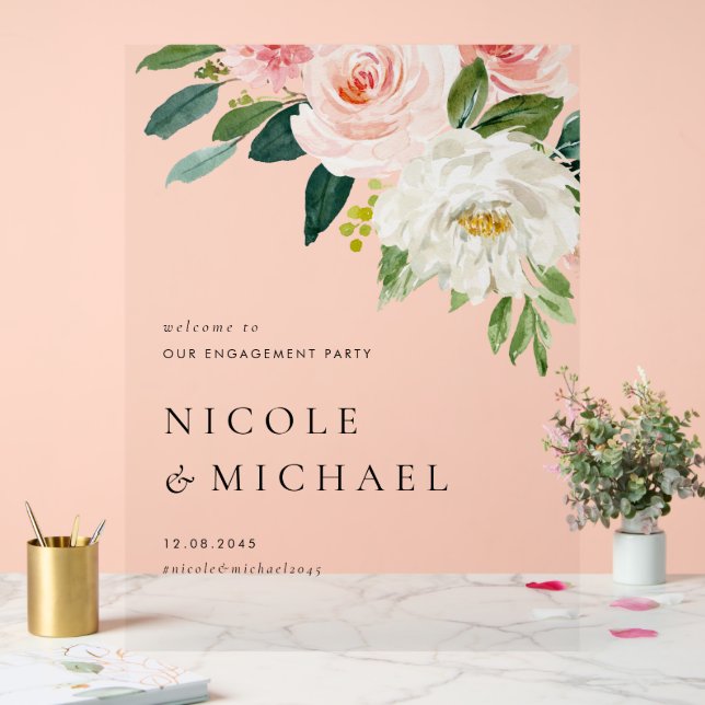 Watercolor Pretty Garden Flowers Engagement Party Acrylic Sign (Wedding)
