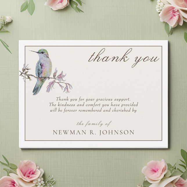 Watercolor Pretty Hummingbird Memorial Thank You Card (Creator Uploaded)