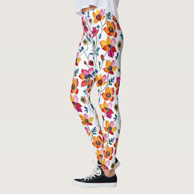 Watercolor Pretty Pink and Yellow Floral  Leggings (Left)
