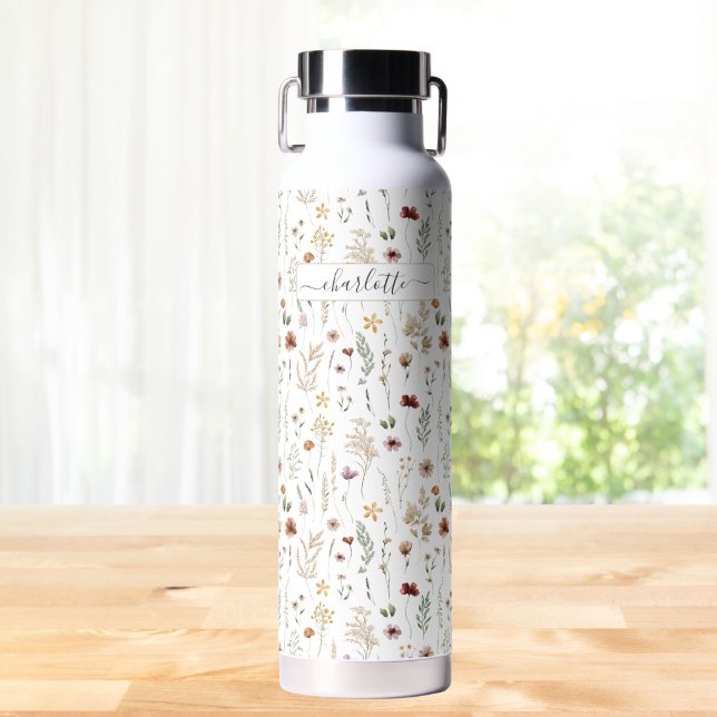 Watercolor Pretty Wildflower Pattern Personalised Water Bottle (Creator Uploaded)