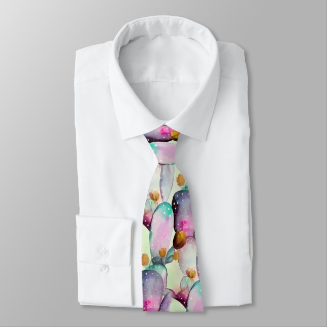 Watercolor Prickly Pear Cactus Desert Pattern  Tie (Tied)