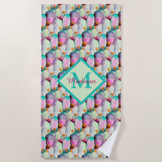Watercolor Prickly Pear Cactus Flowers Monogram   Beach Towel
