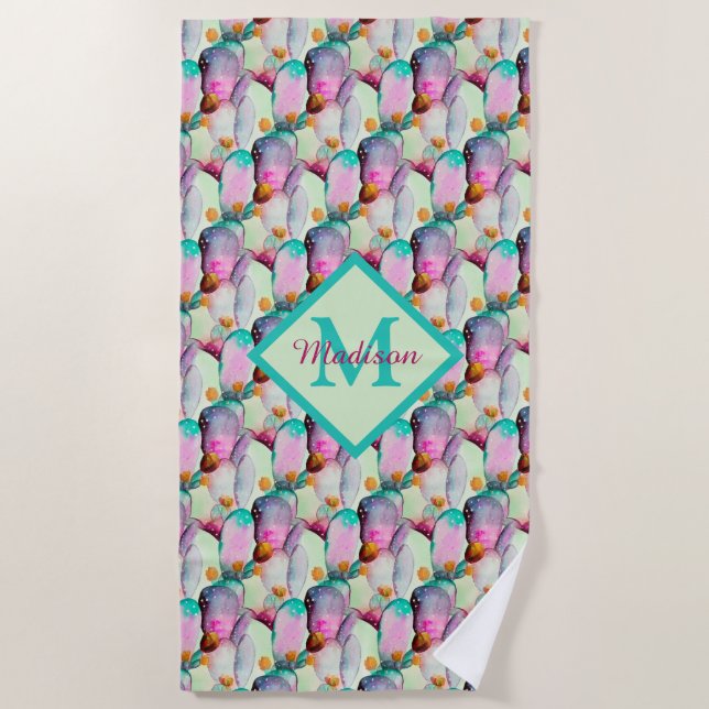 Watercolor Prickly Pear Cactus Flowers Monogram   Beach Towel (Front)