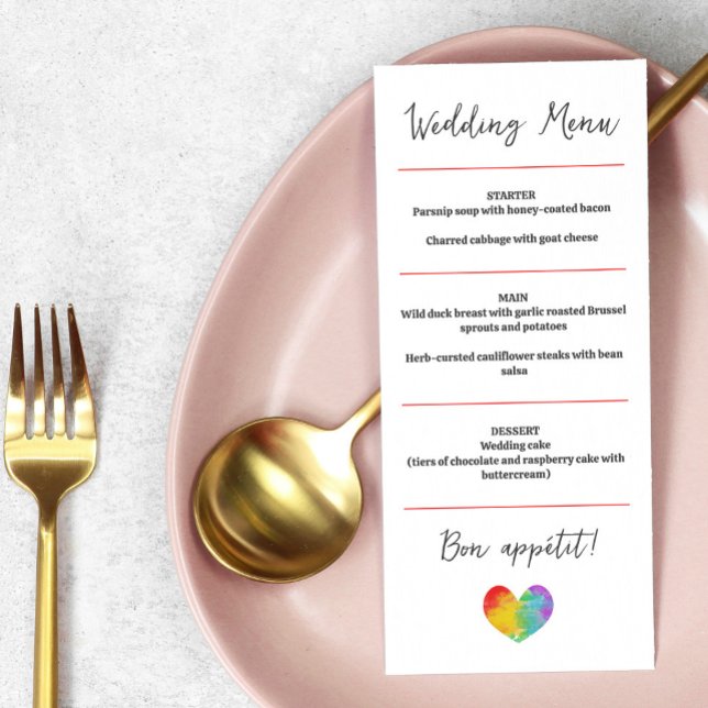 Watercolor Pride Heart Gay Lesbian Wedding Menu (Creator Uploaded)