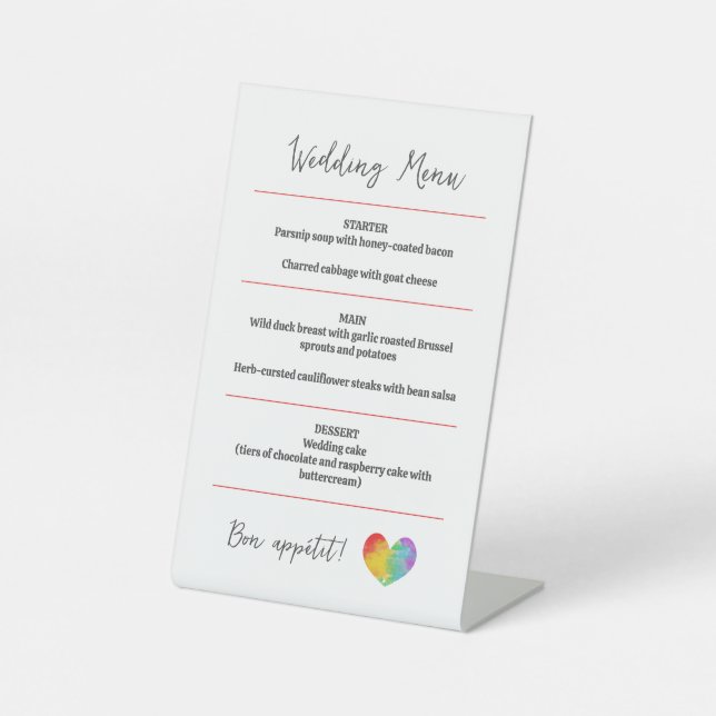 Watercolor Pride Heart Gay Lesbian Wedding Menu Pedestal Sign (Front)