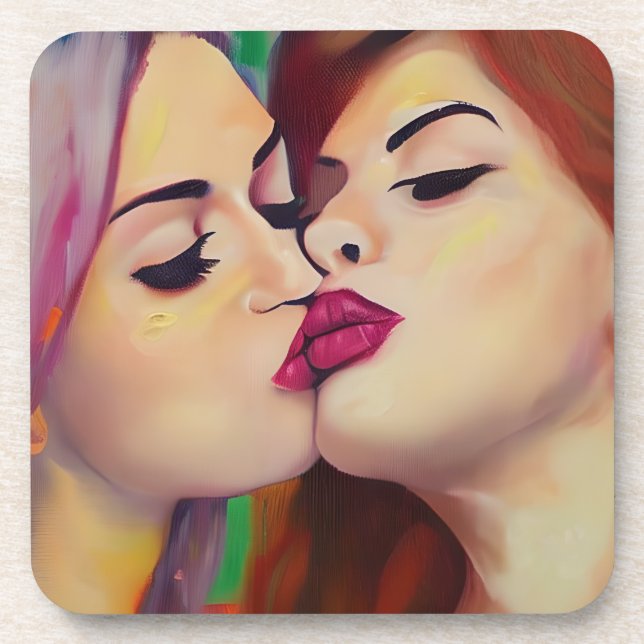  Watercolor Pride Two Women Share a Kiss Coaster (Front)