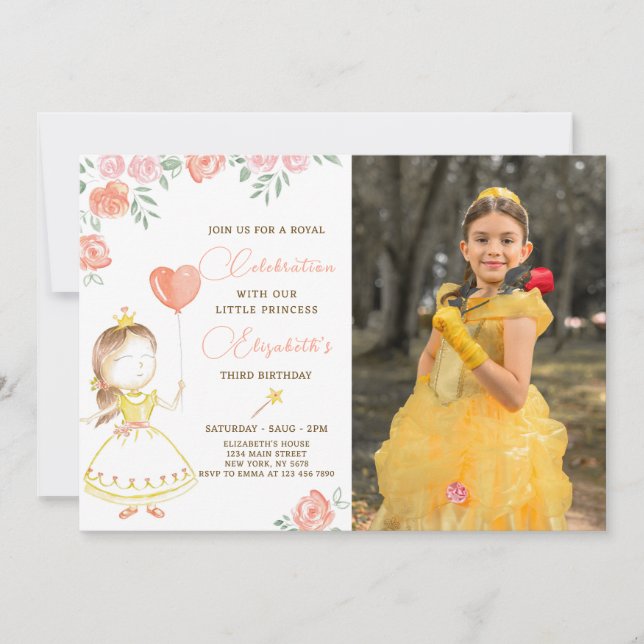 Watercolor Princess Birthday Invitation With Photo (Front)