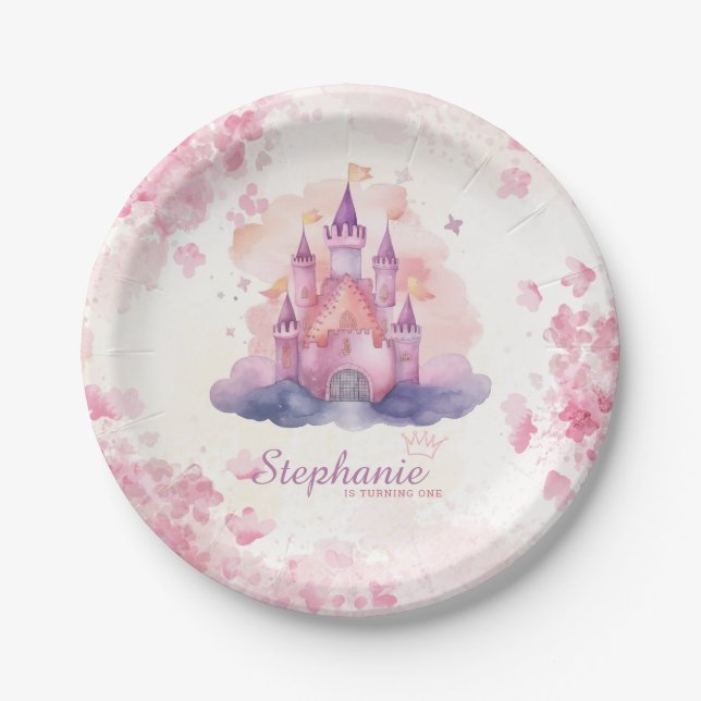 Watercolor Princess Castle Babygirl 1st Birthday Paper Plate (Front)