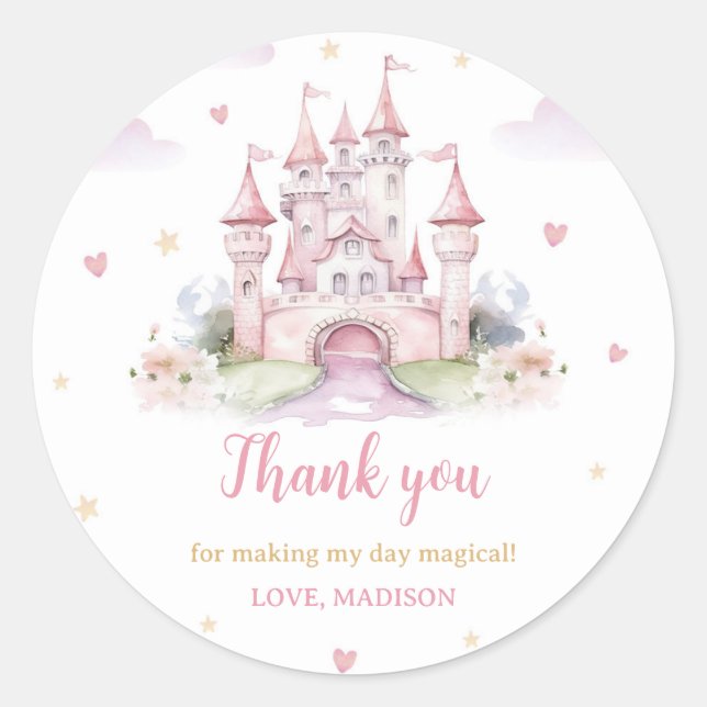 Watercolor Princess Castle birthday Classic Round Sticker (Front)