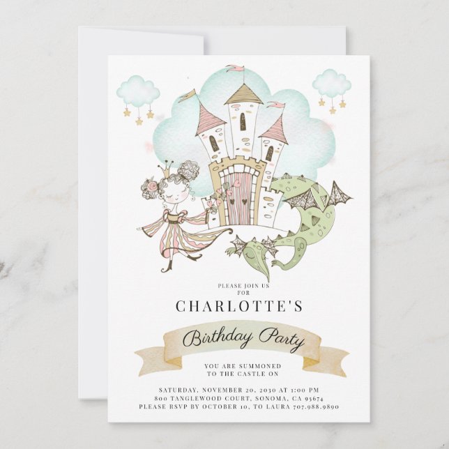 Watercolor Princess Castle Girl Birthday Party Invitation (Front)