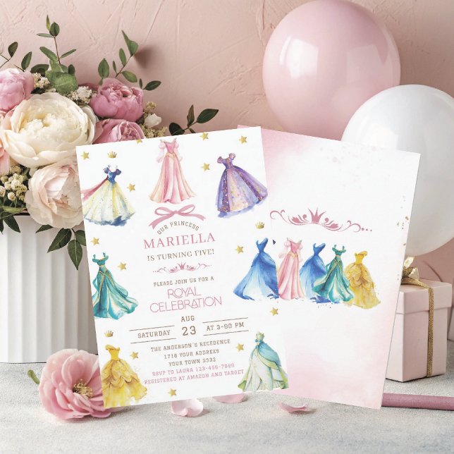 Watercolor Princess  Dress Birthday is turning fiv Invitation (Creator Uploaded)