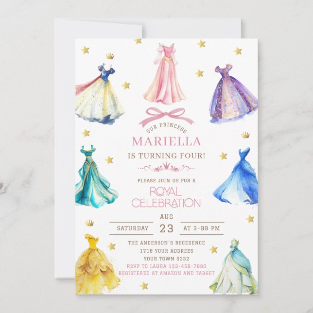 Watercolor Princess  Dress Birthday Royal birthday Invitation (Front)