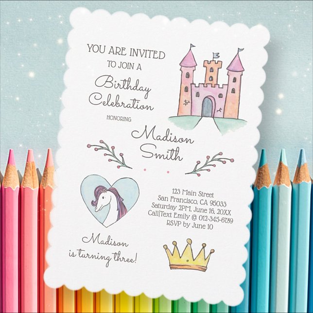 Watercolor Princess Unicorn Birthday Invitation (Creator Uploaded)