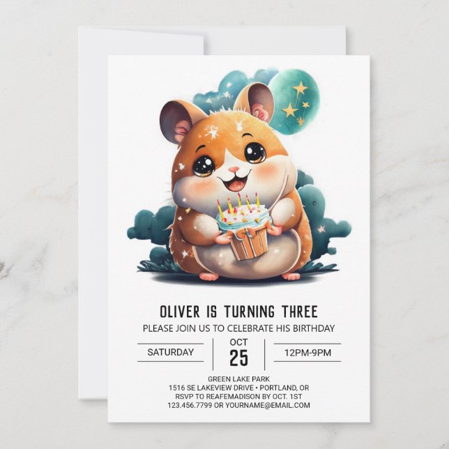 Watercolor Printable Hamster Birthday Invitation (Front)