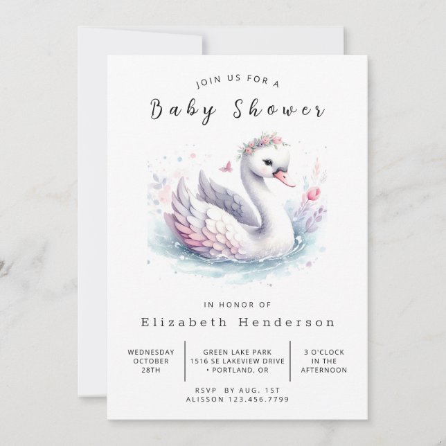 Watercolor Printable Swan Baby Shower Invitation (Front)