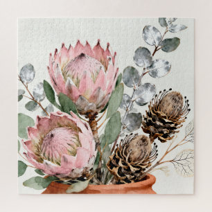 Watercolor Protea Eucalyptus Arrangement Jigsaw Puzzle