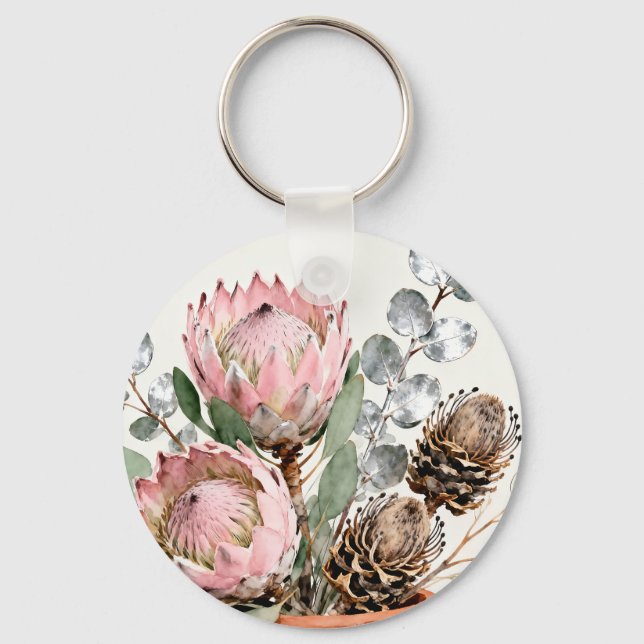 Watercolor Protea Eucalyptus Arrangement Key Ring (Front)