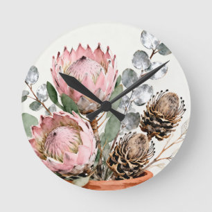 Watercolor Protea Eucalyptus Arrangement Round Clock
